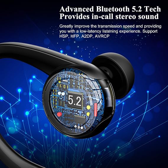 Bluetooth 5.2 Headset Single Ear Earpiece Earphone with Mic, Hook Black
