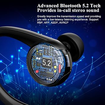 Bluetooth 5.2 Headset Single Ear Earpiece Earphone with Mic, Hook Black