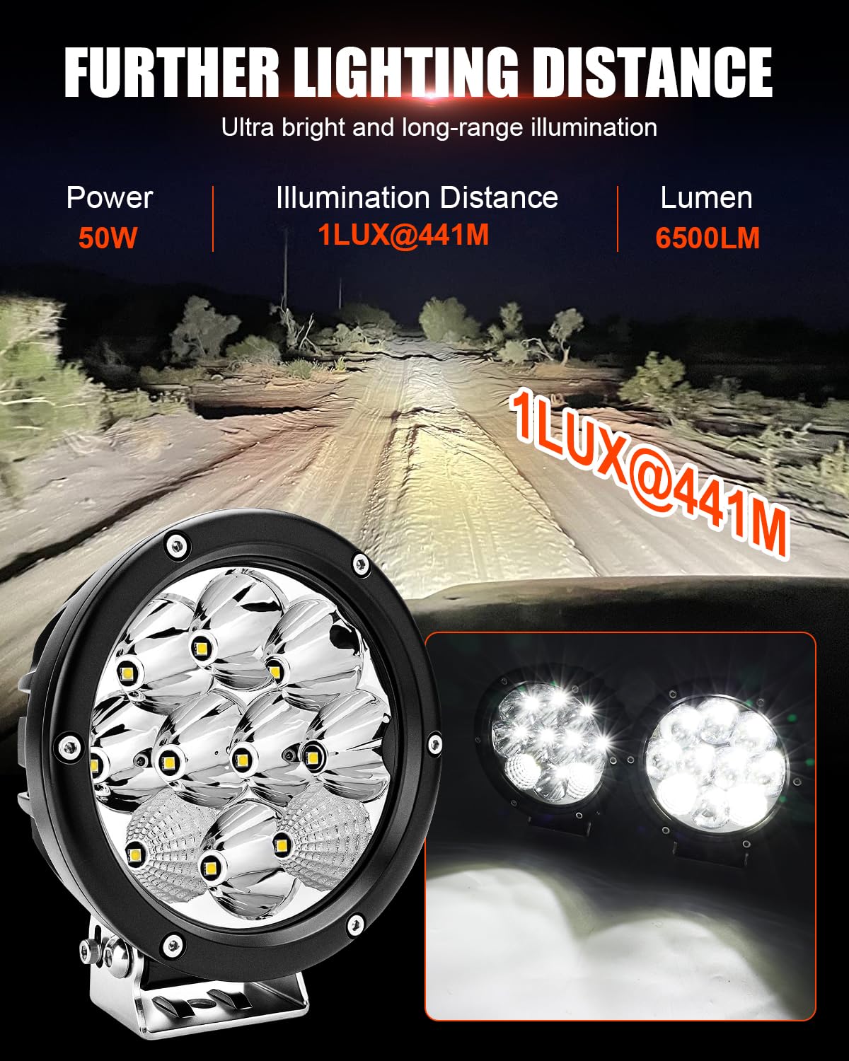 Chelhead Reflektor roboczy LED okrągły 50 W, 5,7 cala, 6500 lm, reflektor punktowy i floodowy, wodoodporny IP68, zestaw okablowania 1 mm², kompatybilny z 10-30 V DC quad SSV SUV pickup (biały)