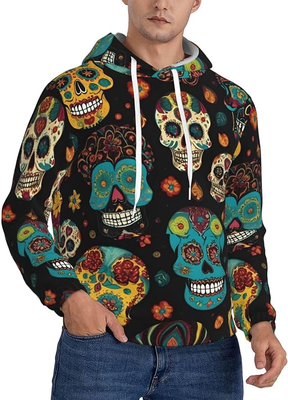 Sugar And Skulls Print Warm Men'S Hooded Sweatshirt, Polyester Kangaroo Pocket Hoodie For Casual Daily
