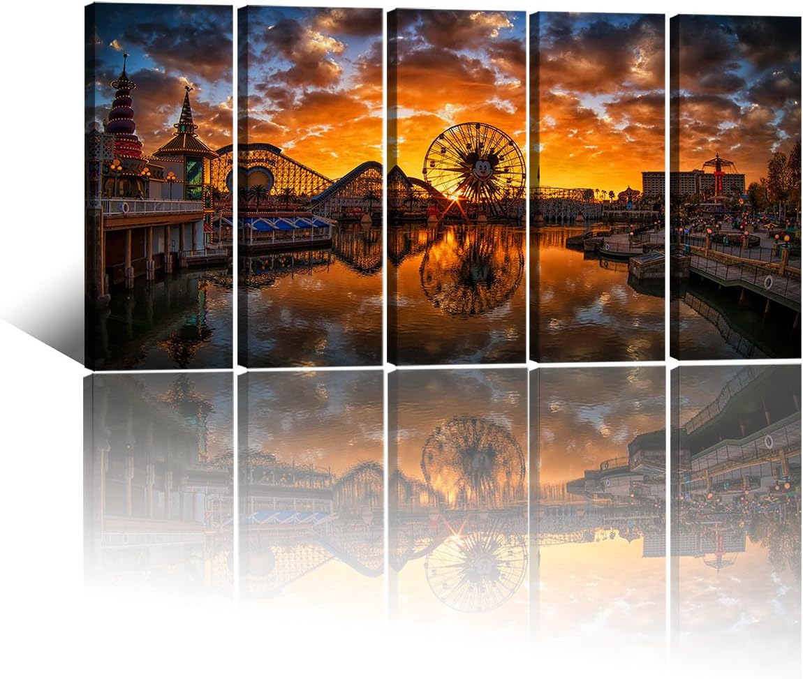 Fairy Tale Castle Canvas Wall Art Ferris Wheel Reflection Wall Decor Anime Amusement Park Canvas Print Picture Dusk Castle Scenery Artwork Painting For Living Room Bedroom Home Decoration 60 x 32"