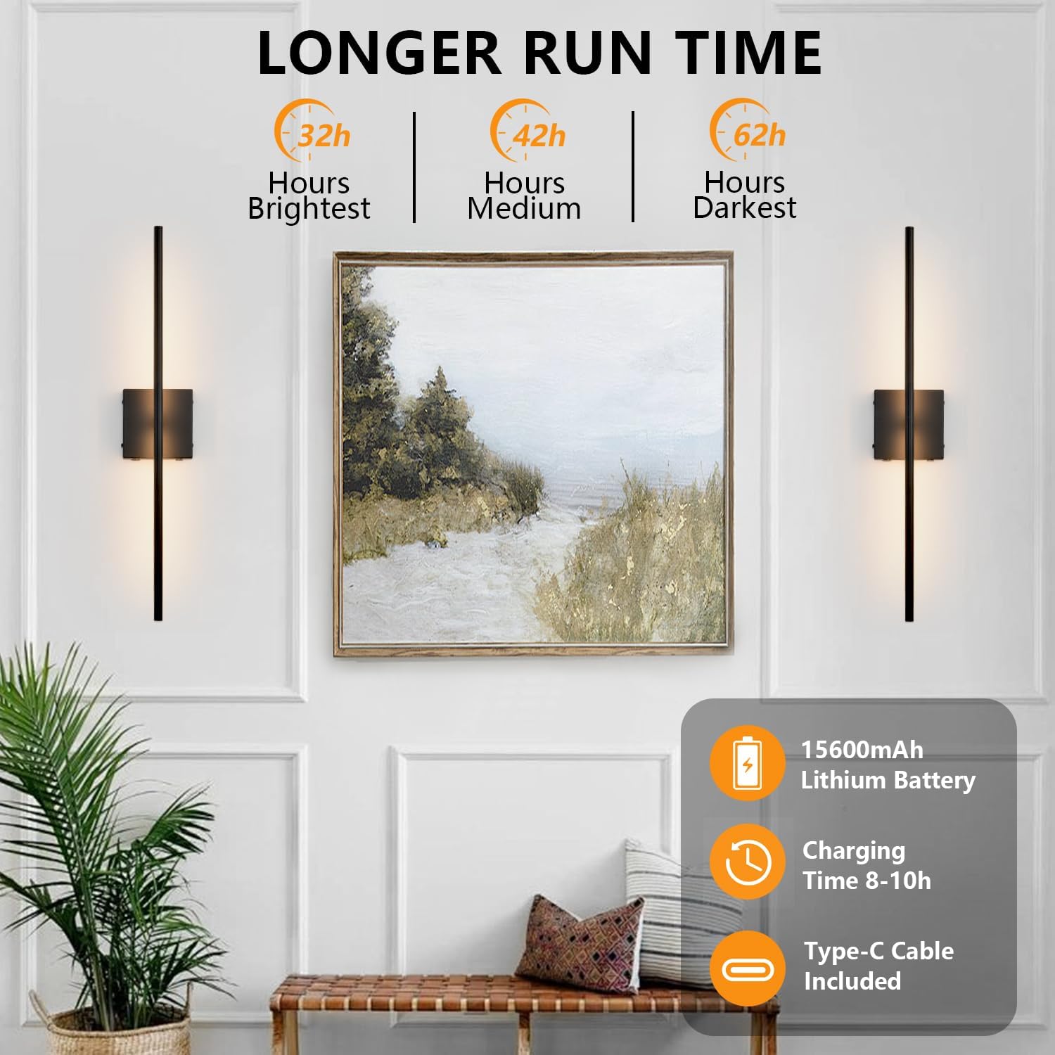 27.5 Inch Black Battery Operated Wall Sconces Set of 2, LED Dimmable with Romote Control, 3CCT, Rechargeable, 360° Rotate, Wireless Wall Light for Living Room Hallway Bedroom