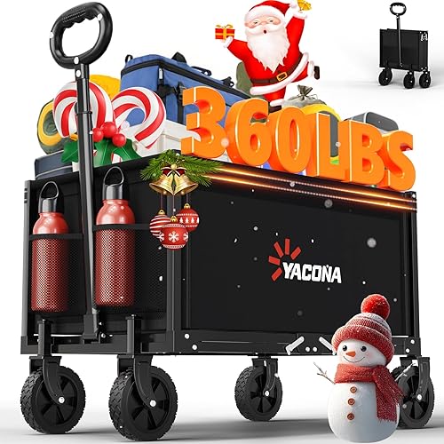 YACONA 3 in 1 Wagons Carts Foldable, 360LBS Lightweight Wagon with All Terrain Wheels, Collapsible Wagon Cart for Grocery, Camping, Beach, Garden & Sports