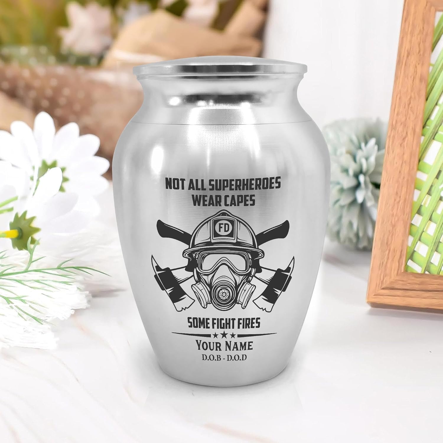 Artsy Woodsy Personalized Fireman Mini Urns Stainless Steel, Decorative Keepsake Urns with Fire Fighter Design 2.56 inch, Funeral Memorial Urns for Adult Male Female Human Ashes (Silver, 2.56, 04)