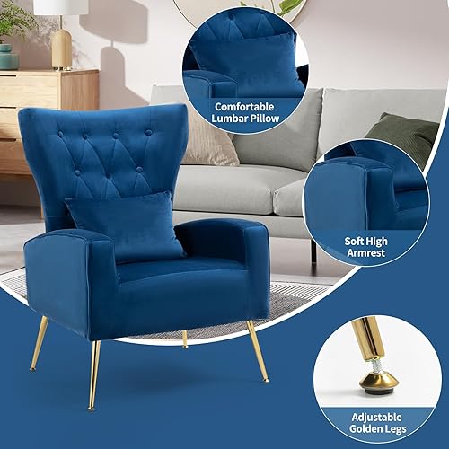 Miniatura 54 de Silla moderna de terciopelo para sala de estar, dormitorio, silla con respaldo alado con brazo y patas doradas, silla auxiliar de recepción de