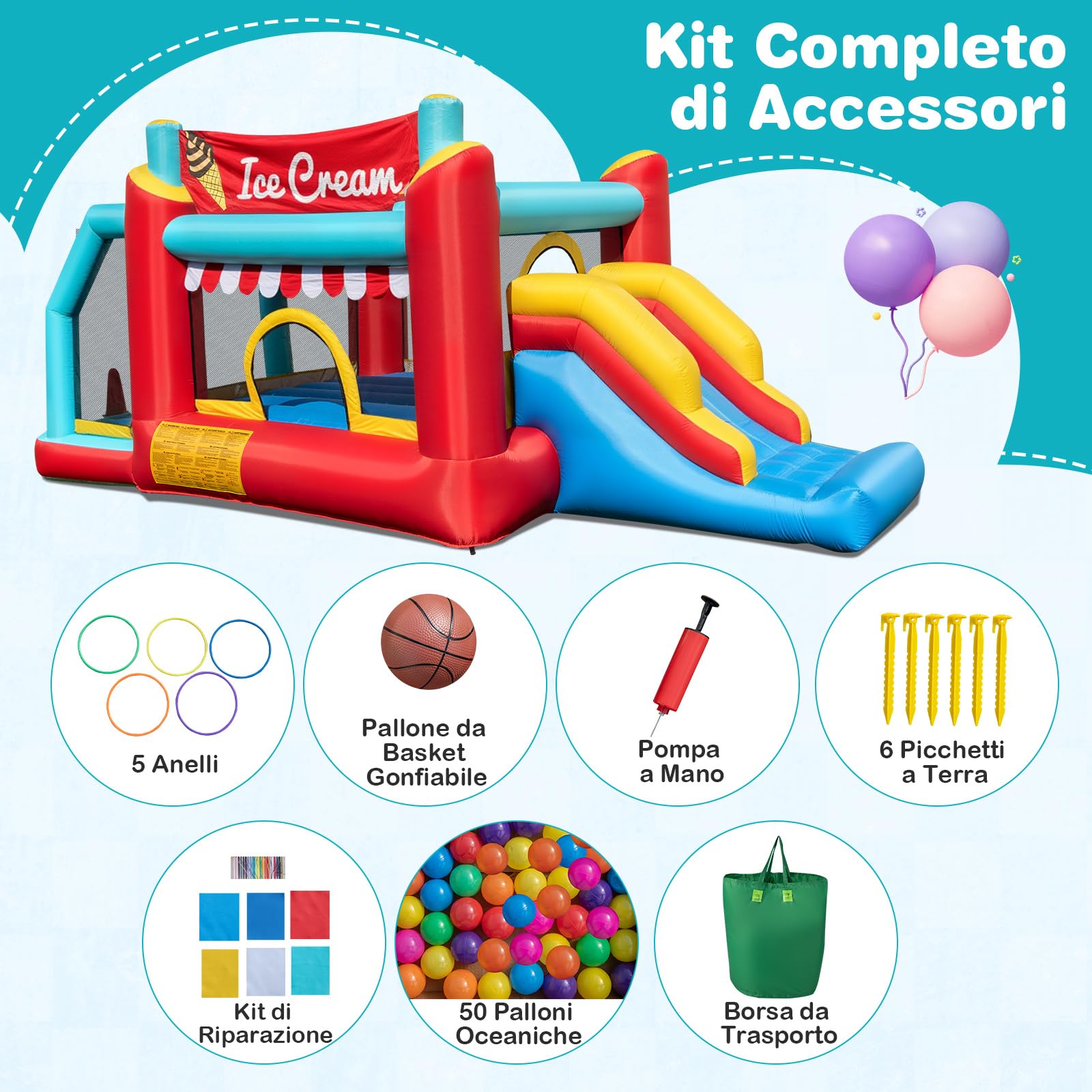 COSTWAY Castello Gonfiabile 5 in 1 per Bambini di Tema Gelato, Castello Gonfiabile con Scivolo, Canestro, Trampolino e Vasca, Gioco Gonfiabile con Anelli e Palline per Interno ed Esterno