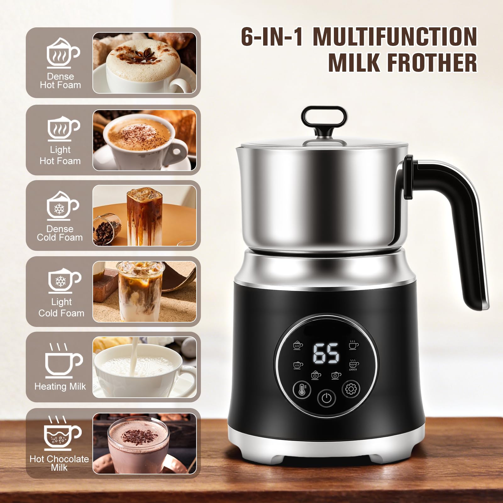Montalatte Elettrico 6 in 1, Schiuma Latte 3 Temperature (45°C/55°C/65°C), 1.2L 800ml Acciaio Inox 304, 600W, Touch Smart, Nero, per Cappuccino Barista Home