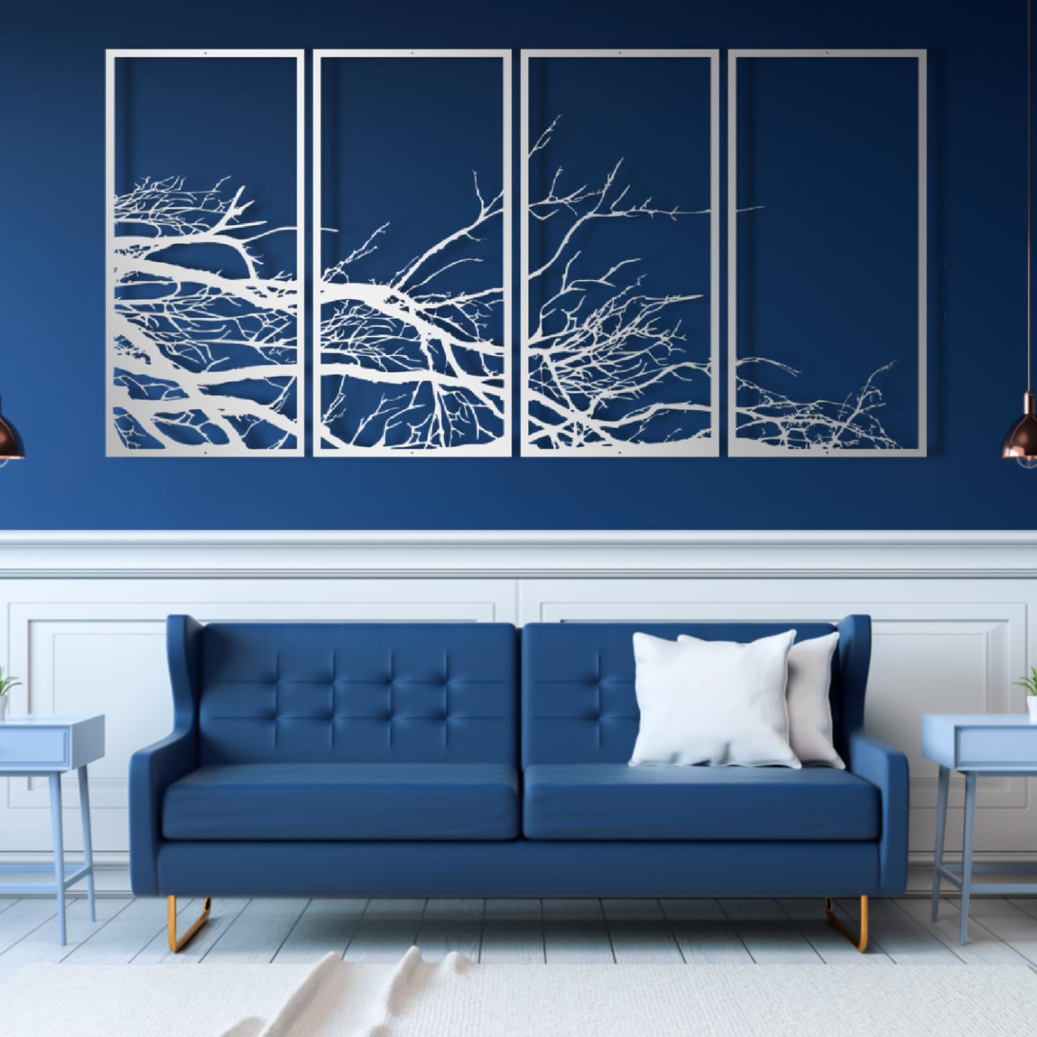 Decoración de Pared de Metal, árbol de la Vida, árbol genealógico, 4 Paneles, árbol Grande, decoración para el hogar, Sala de Estar (Plateado, 40" x 20" | 100 x 50 cm)