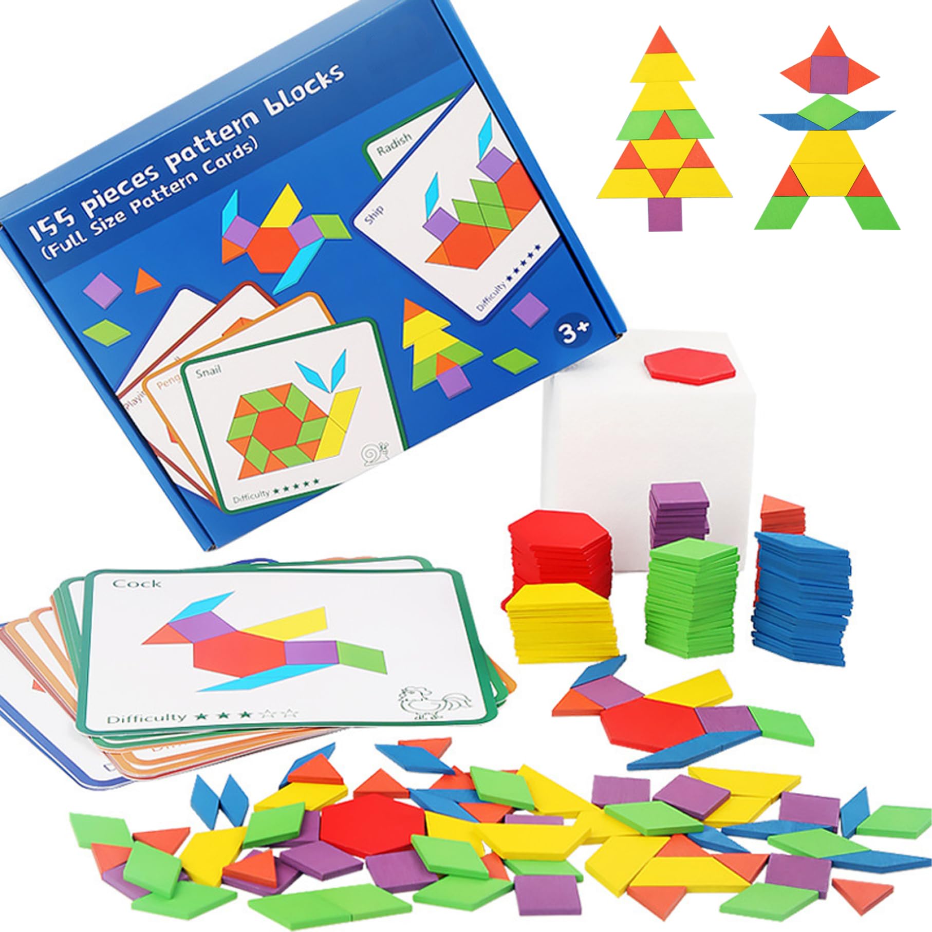 155Pcs Wooden Pattern Blocks Tangram Puzzle Set with 12 Double-Sided Cards, Educational Shape Matching Toy for Math