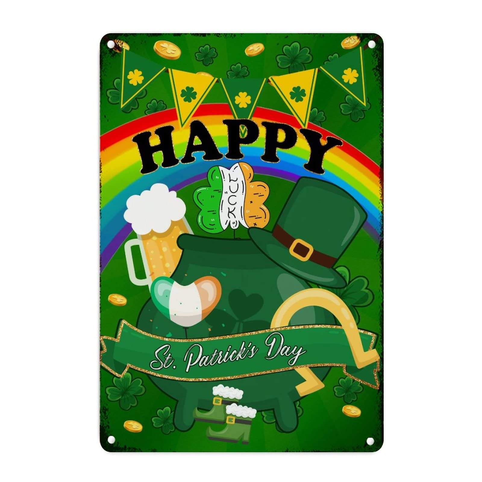 Plaque en métal avec fer à cheval doré et trèfles Happy St. Patrick
