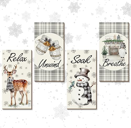 4 piezas de decoración de pared de baño de invierno, arte de pared de Navidad, letreros de madera para colgar en Navidad, decoración de habitación
