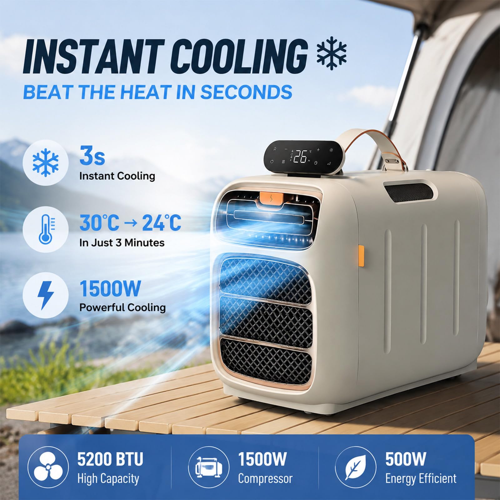 Przenośny Klimatyzator do Kampera i Namiotu, 5200 BTU 1500W Klimatyzacja Turystyczna z Osuszaczem, Ultra Cichy Tryb Nocny Klimatyzator do Przyczepy, Akademika, Pikniku