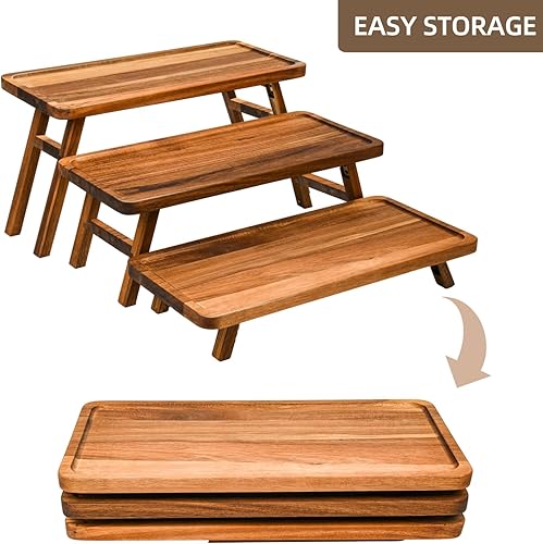 Miniatura 3 de GEHE Bandeja plegable de 3 niveles para servir, soporte para cupcakes para fiestas, juego de soporte de torre de madera de acacia, platos grandes