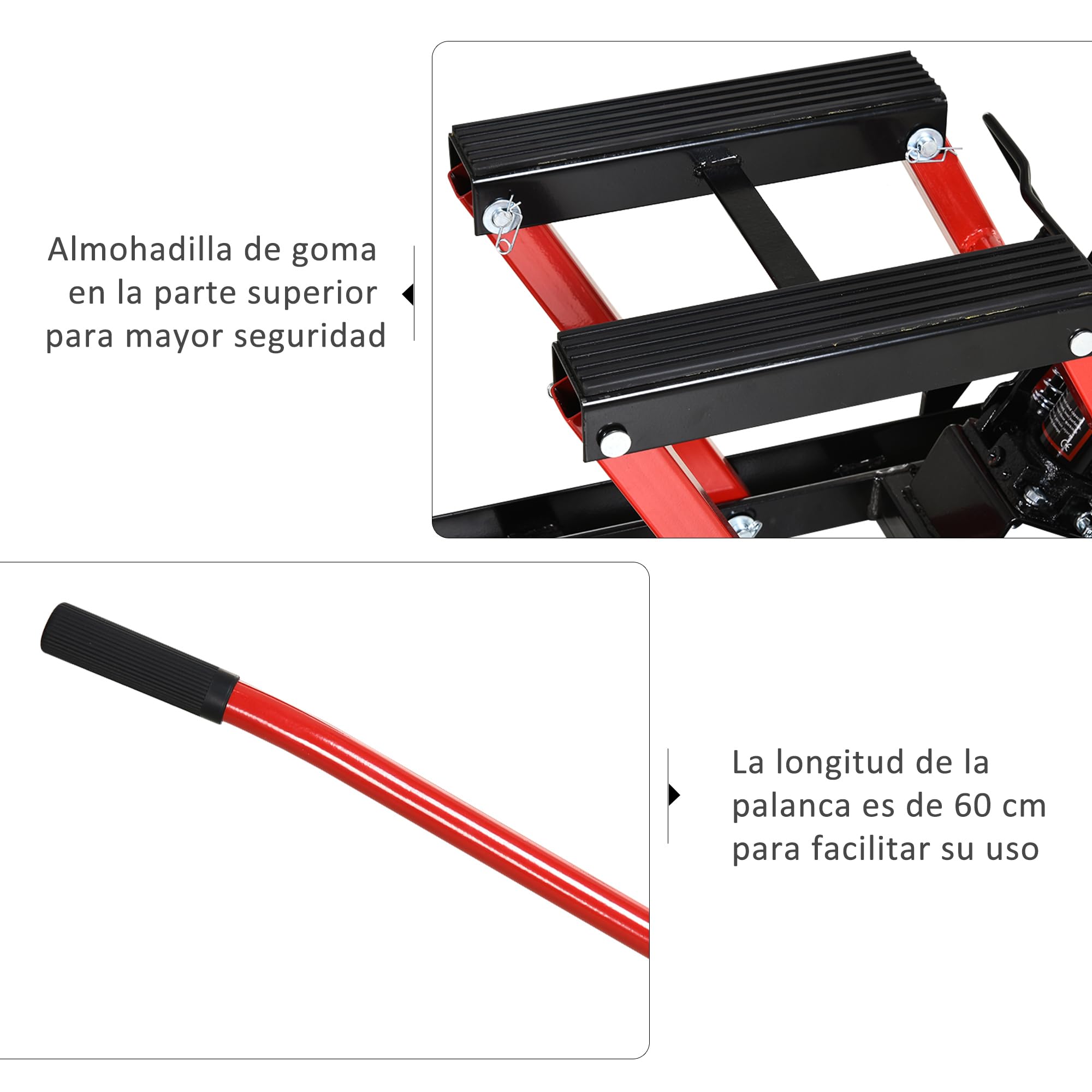 DURHAND Gato Hidráulico de Motocicletas Soporte 680 kg Elevador ATV para Garaje Pista Altura Ajustable 24-36 cm con Plataforma Almohadilla Antideslizante de Alta Resistencia 110x36x67 cm Negro y Rojo