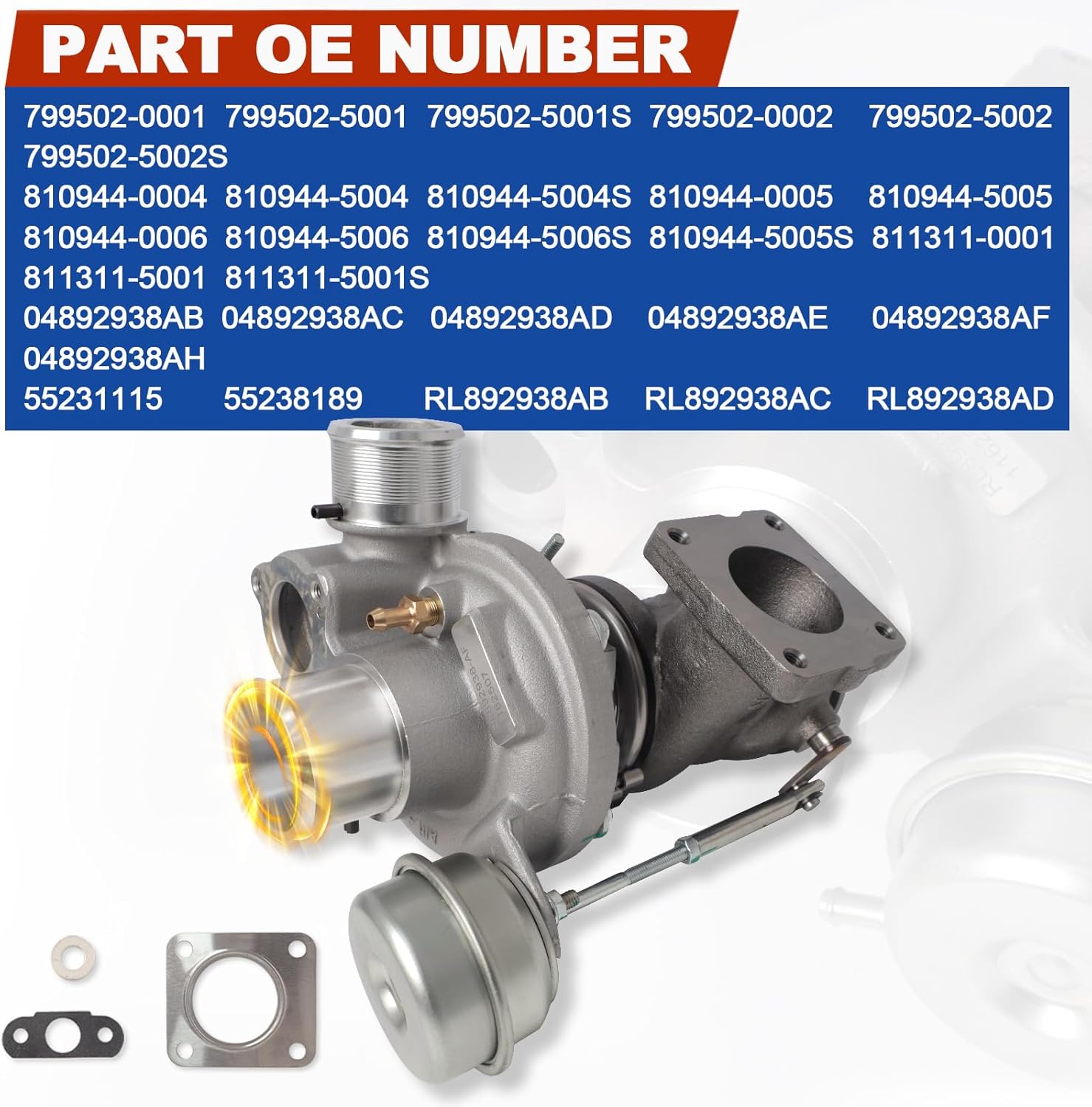 1.4L GT1446 Turbo Turbocharger Fit for 2013-2023 Dodge Dart Fiat 500 Jeep Renegade 1.4L GT1446GLSZ, MGT14, MTG1446Z Replaces OE # 04892938AB 04892938AC 799502-0001 799502-5001