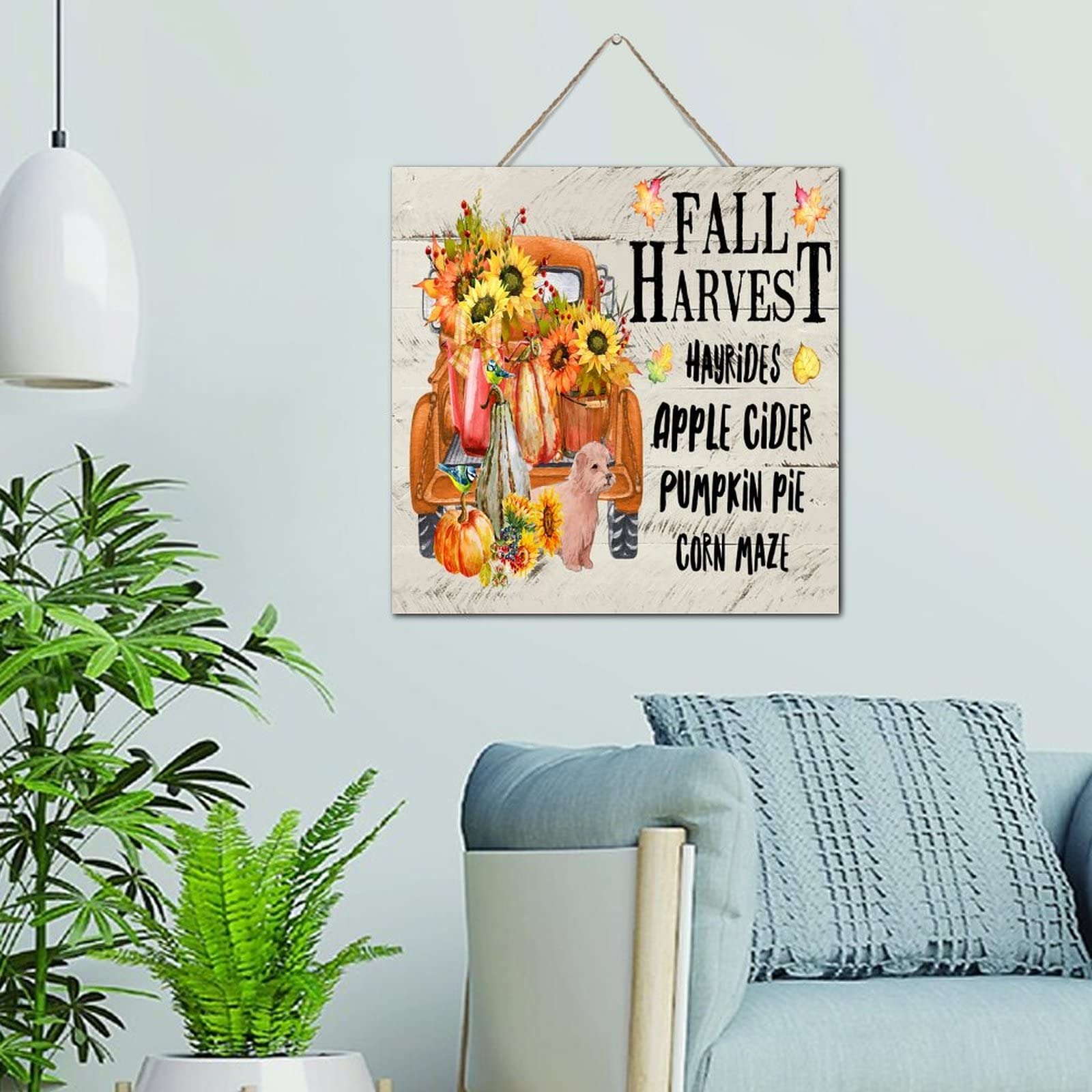 Plaque en bois peinte décoration murale automne 30,5x30,5 cm pour salon