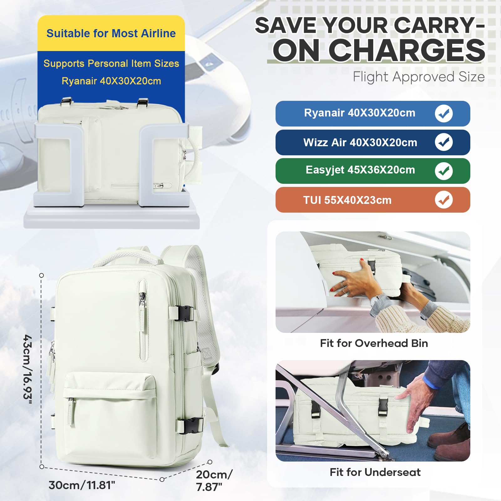 SEAFEW Borsa da Cabina per Ryanair 40x30x20 Zaino Sottovuoto da Viaggio con Pompa 40x20x25 Aereo Bagaglio a Mano Impermeabile Lavoro e Scuola Trekking Casual Daypack per 14" laptop,R2-Bianco