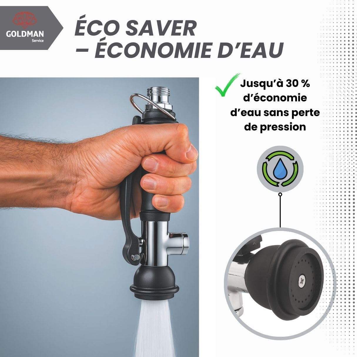 GOLDMAN SERVICE | Robinet pulvérisateur professionnel pour évier cuisine industrielle et domestique | Manche ergonomique Eco Saver | Tête de pulvérisation en acier inoxydable hôtellerie restaurants