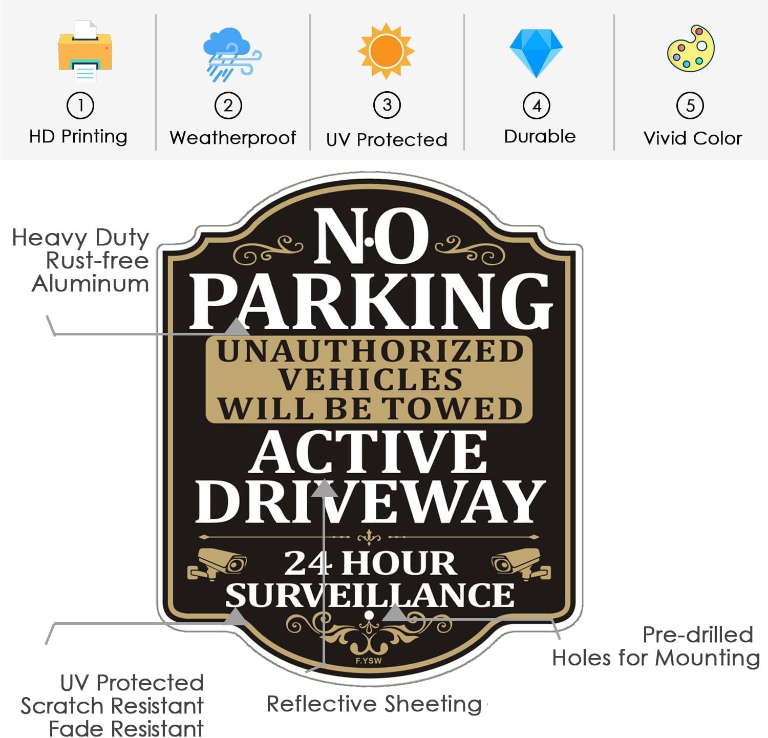 No Parking Active Driveway 24 Hour Surveillance Unauthorized Vehicles Will Be Towed Sign 12" x 10" With 35" Long Metal Stake Do Not Block With Stand Aluminum Outdoor Use Yard Business