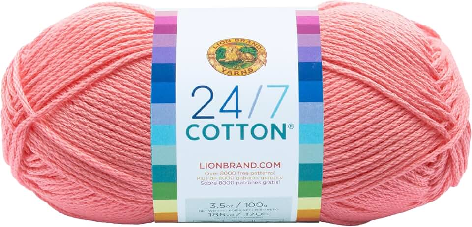 Lion Brand Yarn, 24/7 Cotton Mercerized Lightweight Yarn for Knitting, Crochet, and Crafts, Pink, 1 Pack, 185 Yards of Natural Fiber for Breathable Tops, Durable Bags, and Easy-Care Dish Cloths