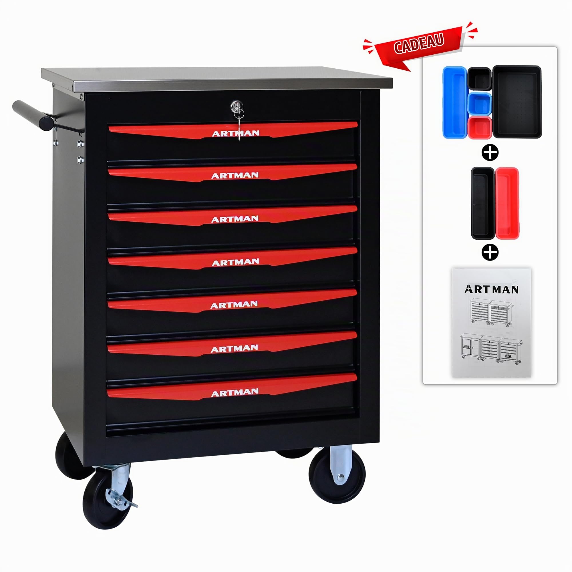 Boîte à outils à rouler avec tiroirs, Armoire de stockage d'outils en acier avec poignée, Roues verrouillables, Boîte d'organisateur d'outils pour atelier de garage (noir rouge,7 Tiroir)
