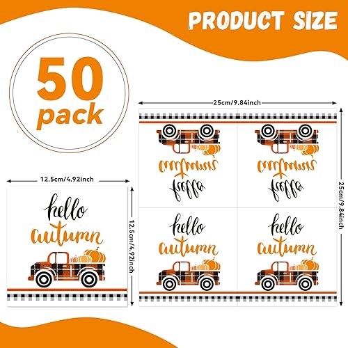 Miniatura 2 de Paquete de 50 servilletas de papel desechables de otoño con texto en inglés Hello Autumn para otoño, calabaza, camión, a cuadros, suministros de