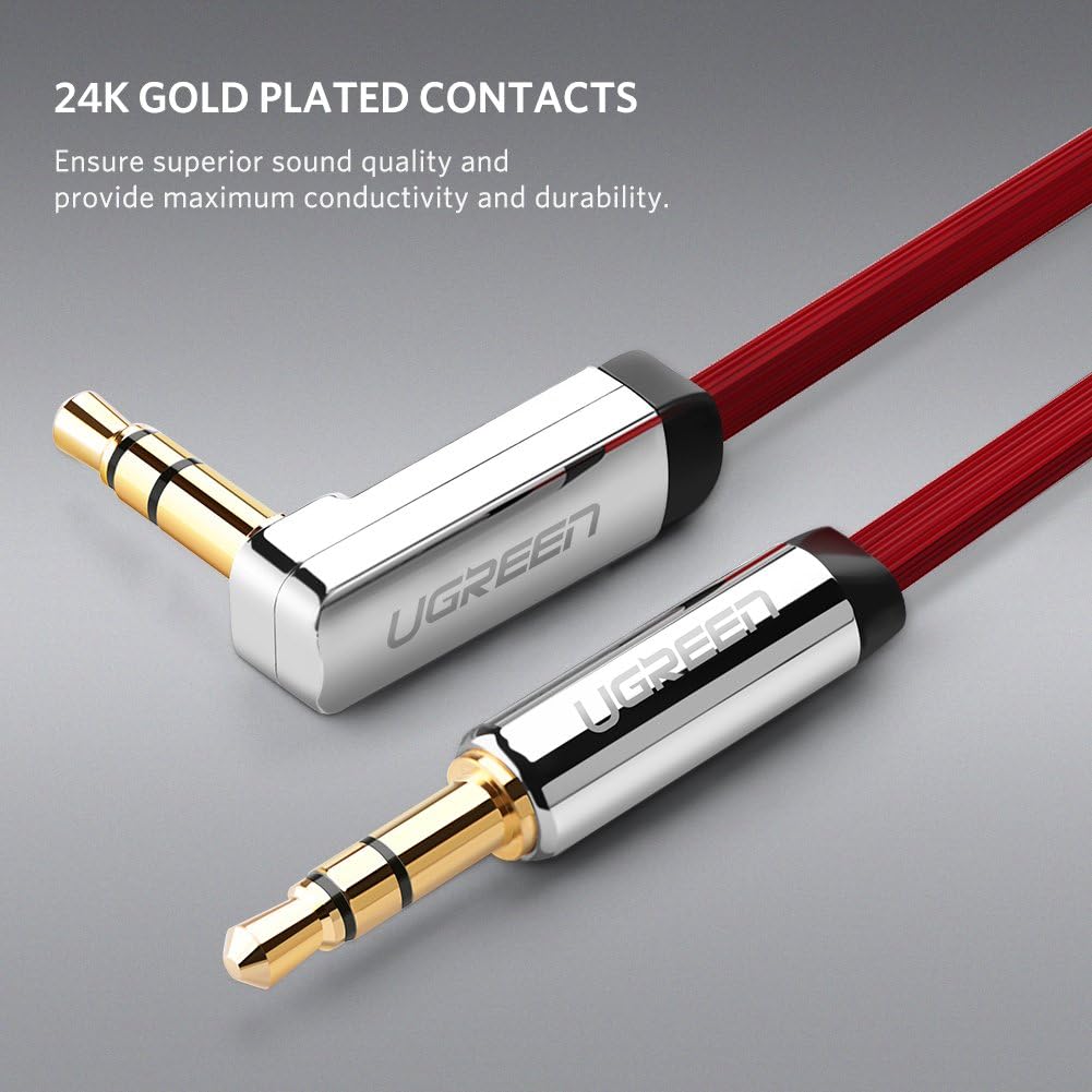 UGREEN 3.5mm Auxiliary Audio Jack to Jack Cable 90 Degree Right Angle Compatible for iPhone, iPod, 2018 Mac Mini, iPad, Smartphones, Tablets, Speakers, 24K Gold Plated Male to Male (6FT)