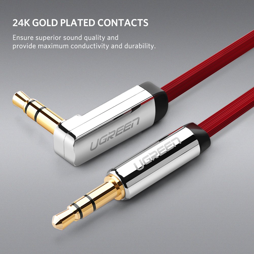 UGREEN 3.5mm Audio Cable, Stereo Aux Jack to Jack Cable 90 Degree Right Angle Auxiliary Cord Compatible for Beats, iPhone, iPod, iPad, Tablets, Speakers, 24K Gold Plated Male to Male Red (6FT)