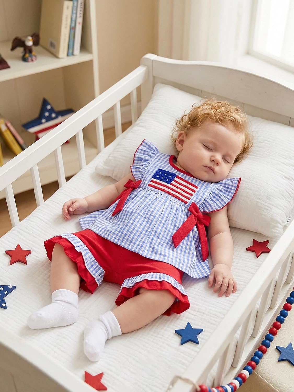 4th of July Baby Girl Outfits Toddler Summer Clothes American Flag Plaid Sleeveless Ruffle T-shirt Shorts Set