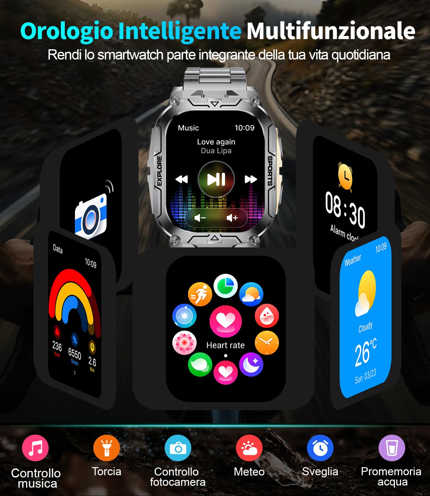 1000mAh Batteria Smartwatch Uomo Militare, 2.01'' Orologio Smart Watch con Chiamata Bluetooth, Torcia LED Orologio Fitness, 100+ Modalità Sportive, IP68 Impermeabile per Android iOS