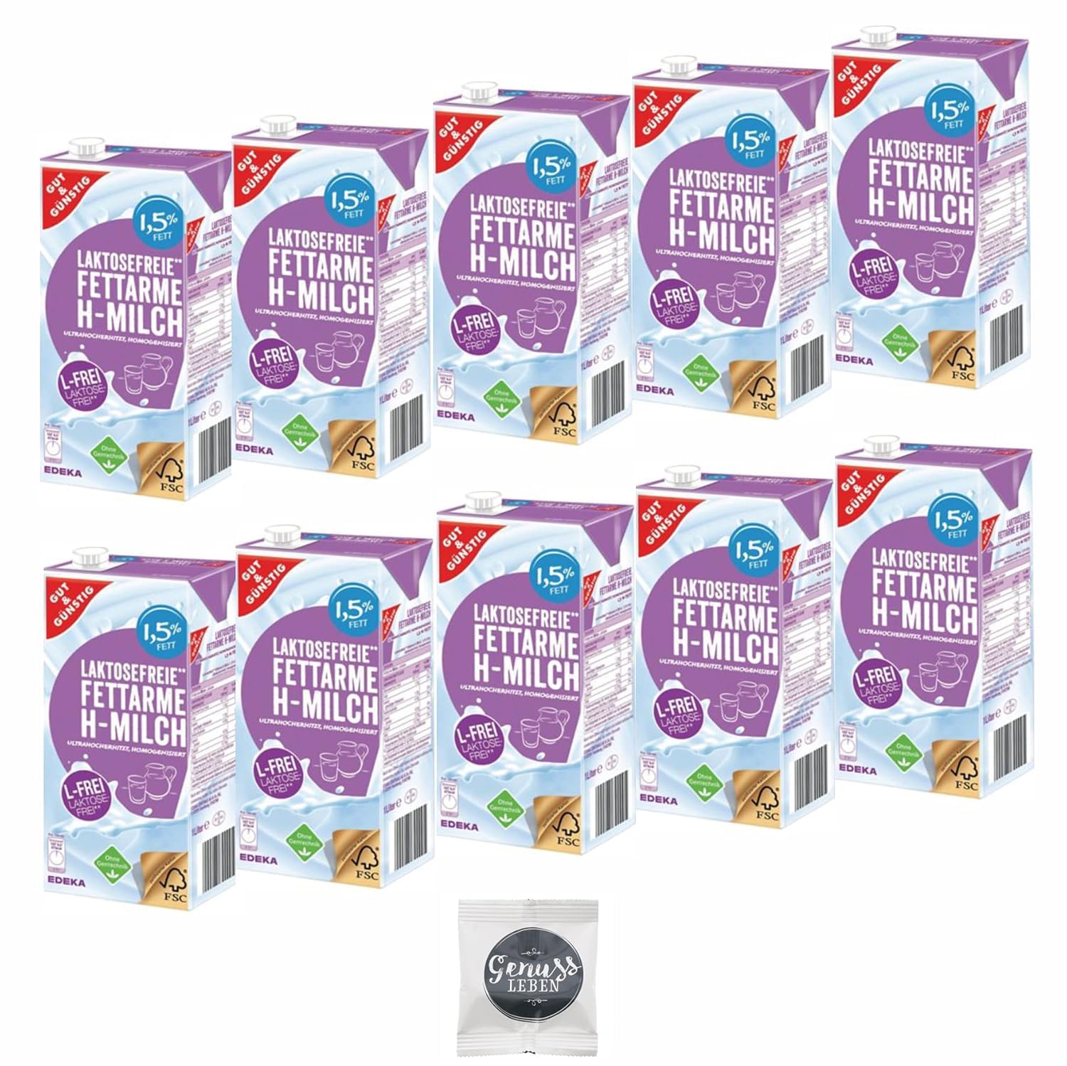 Gut und Günstig Fettarme H-Milch Laktosefrei 1,5% 12x1 Liter mit Genussleben Versandschutz