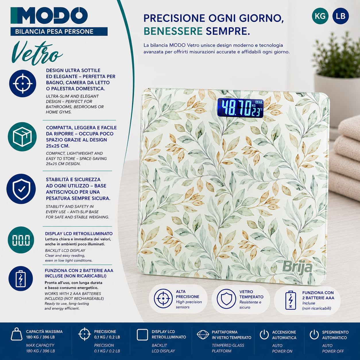 IPEA Bilancia Pesa Persone Digitale Ultra Sottile - [ Tecnologia STEP ON ] - Massima Precisione Peso - Design Floreale - Bilancia in Vetro Temperato con Display misurazione precisa 0,1 KG - Max 180Kg