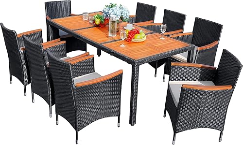 Miniatura 8 de Flamaker Juego de comedor de 5 piezas para patio, mesa y sillas de madera de acacia al aire libre con cojines suaves, muebles de patio de mimbre