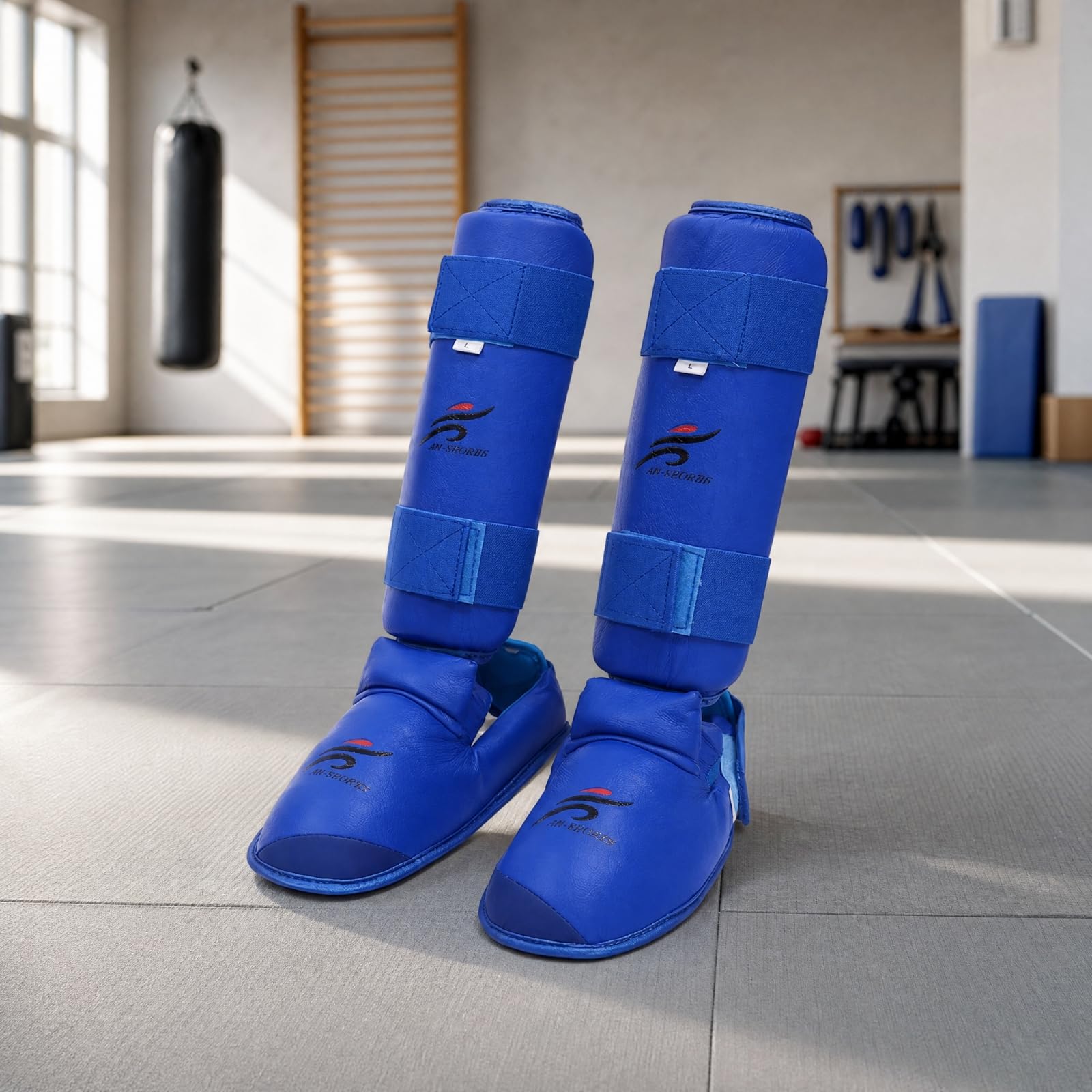 Protège-Tibia et Cvre-Pied Karaté Léger Protège-Tibia avec Sangles à Scratch Réglable pr Pratiquan D'ar Martiaux, Sparring