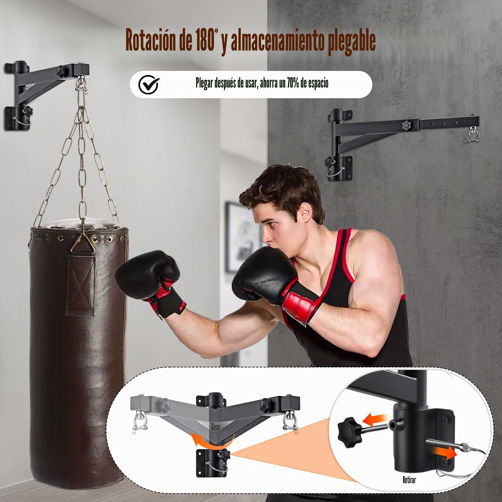 Soporte Saco Boxeo Pared, Colgador Ajustable 43-63cm, Rotación 180°, Soporta 150kg, para Muay Thai