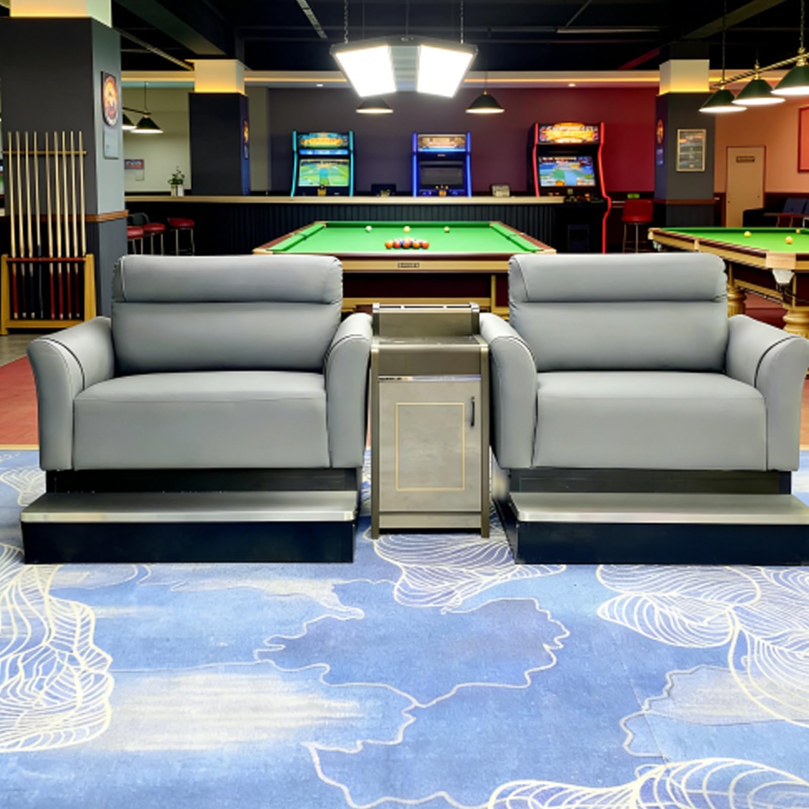 Billard Zuschauer-Sitz-Set, PU-Leder, Sofa mit Getränkehalter, Queue & Schließfach für Club-Spielzimmer