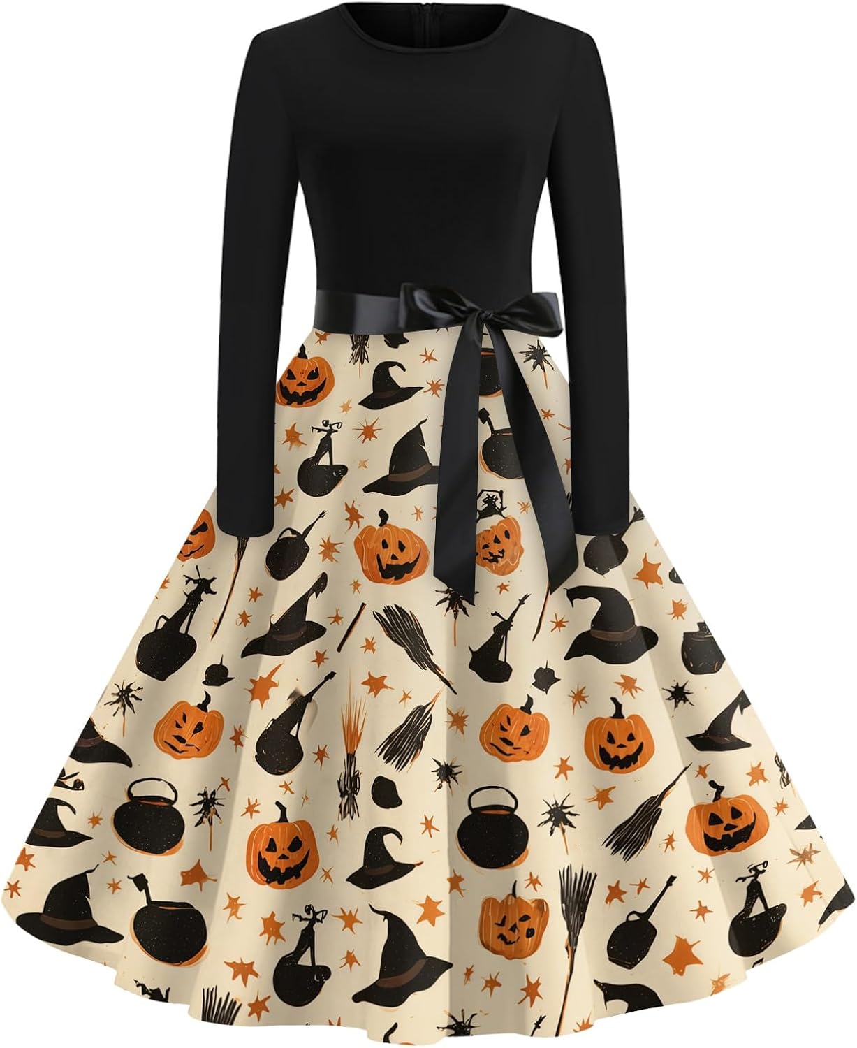 Womens Halloween Dress Long Sleeve Midi A Line Fit and Flare Pumpkin Web