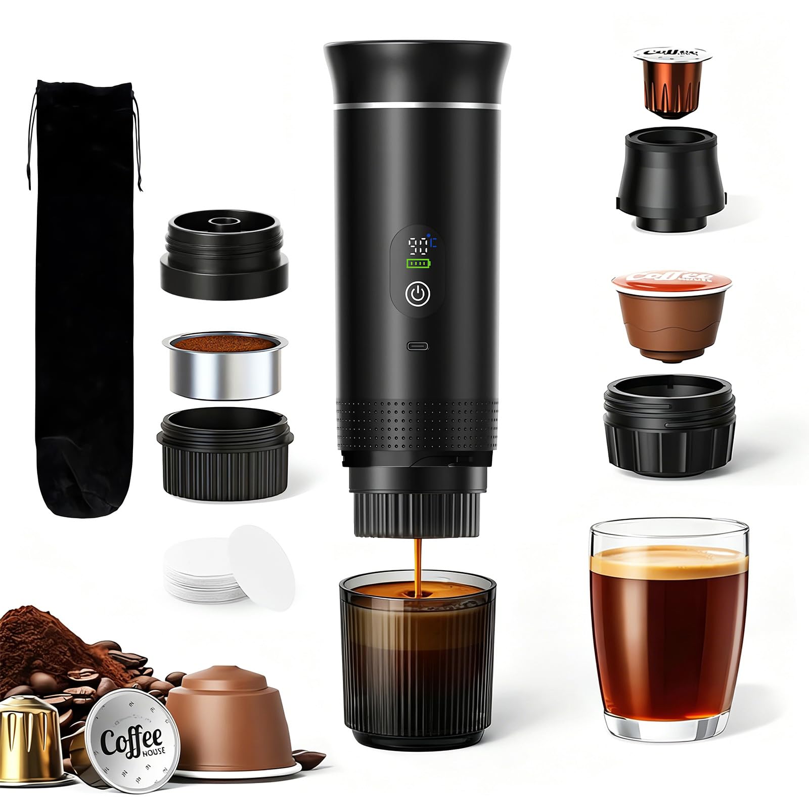 Máquina de café portátil de viaje, para acampar, oficina, casa, coche | 3 en 1 cafetera portátil calefacción rápida USB-C 20 bar hasta 18 g café molido cápsulas NS Gift-giving