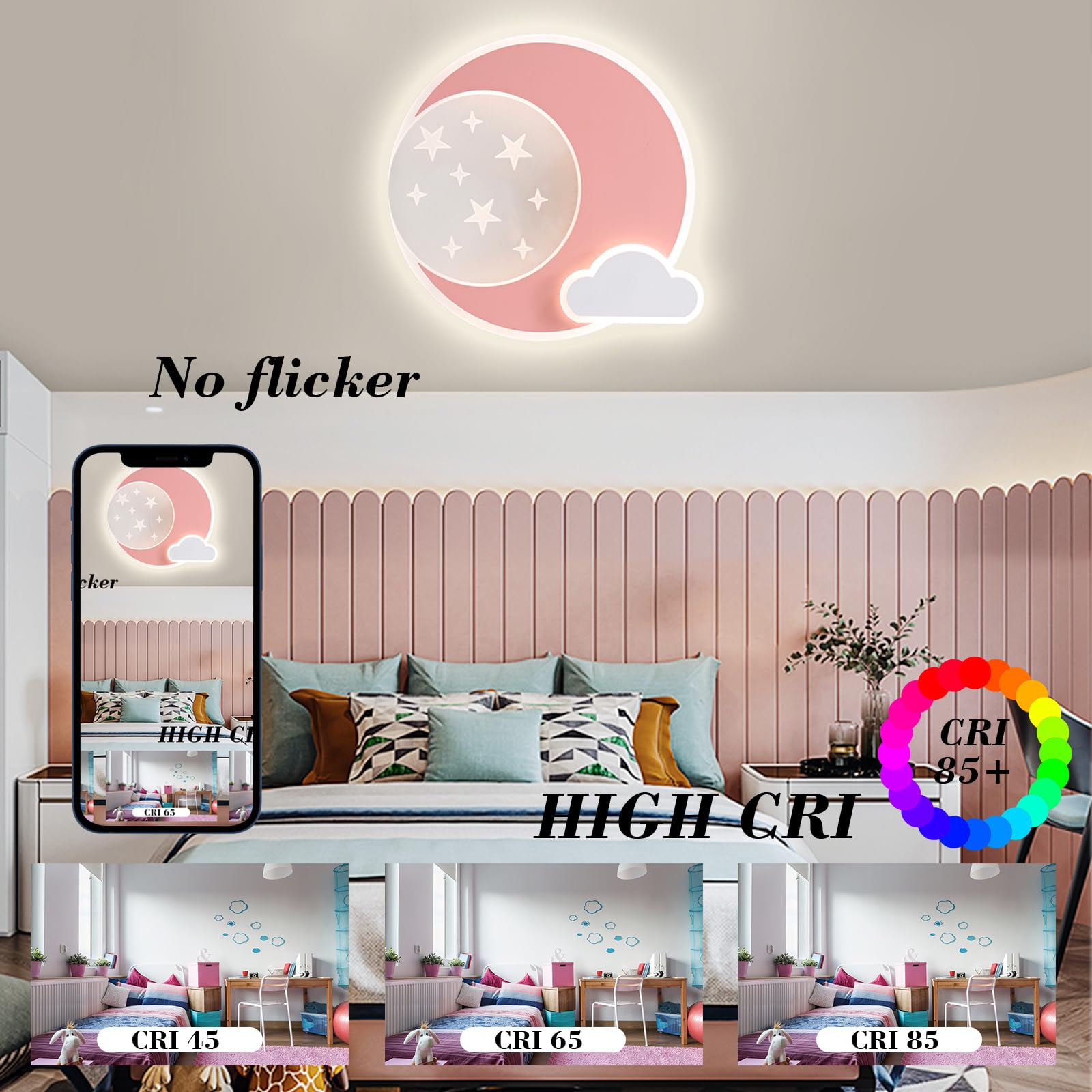 LED Deckenleuchte Rosa Stern Mond Deckenleuchte Dimmbar mit Fernbedienung,Nachtlichtfunktion,Kinderzimmer Schlafzimmer Wohnzimmer Flur Jungen und Mädchen Schlafzimmer Deckenleuchten 30cm