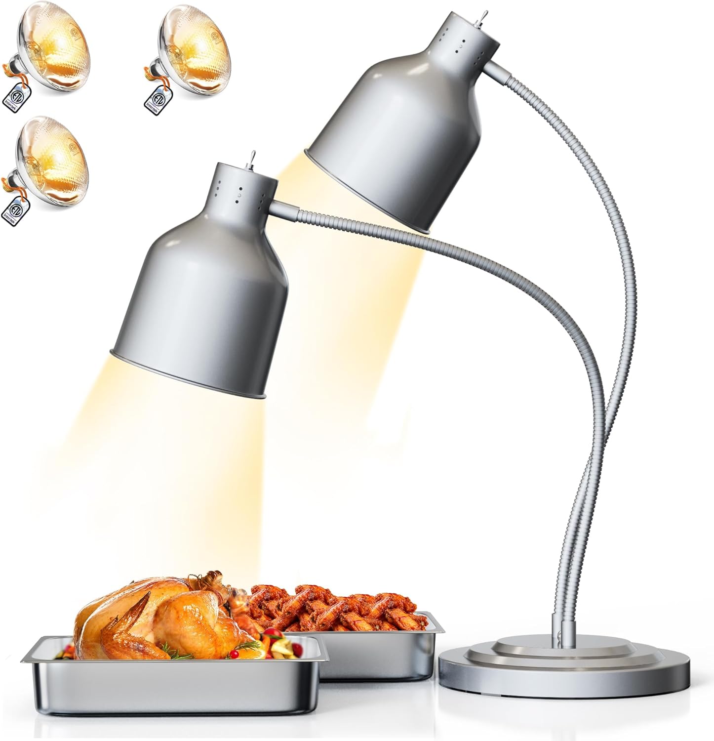 PYY Food Heat Lamp - [3 Bulbs Included] 500W Fast-Heating 2-Head Heat Lamp for Food, ETL-Certified Food Warmer Light, Stainless Steel Heavy Base for Restaurant, Catering, Buffet (Silver)