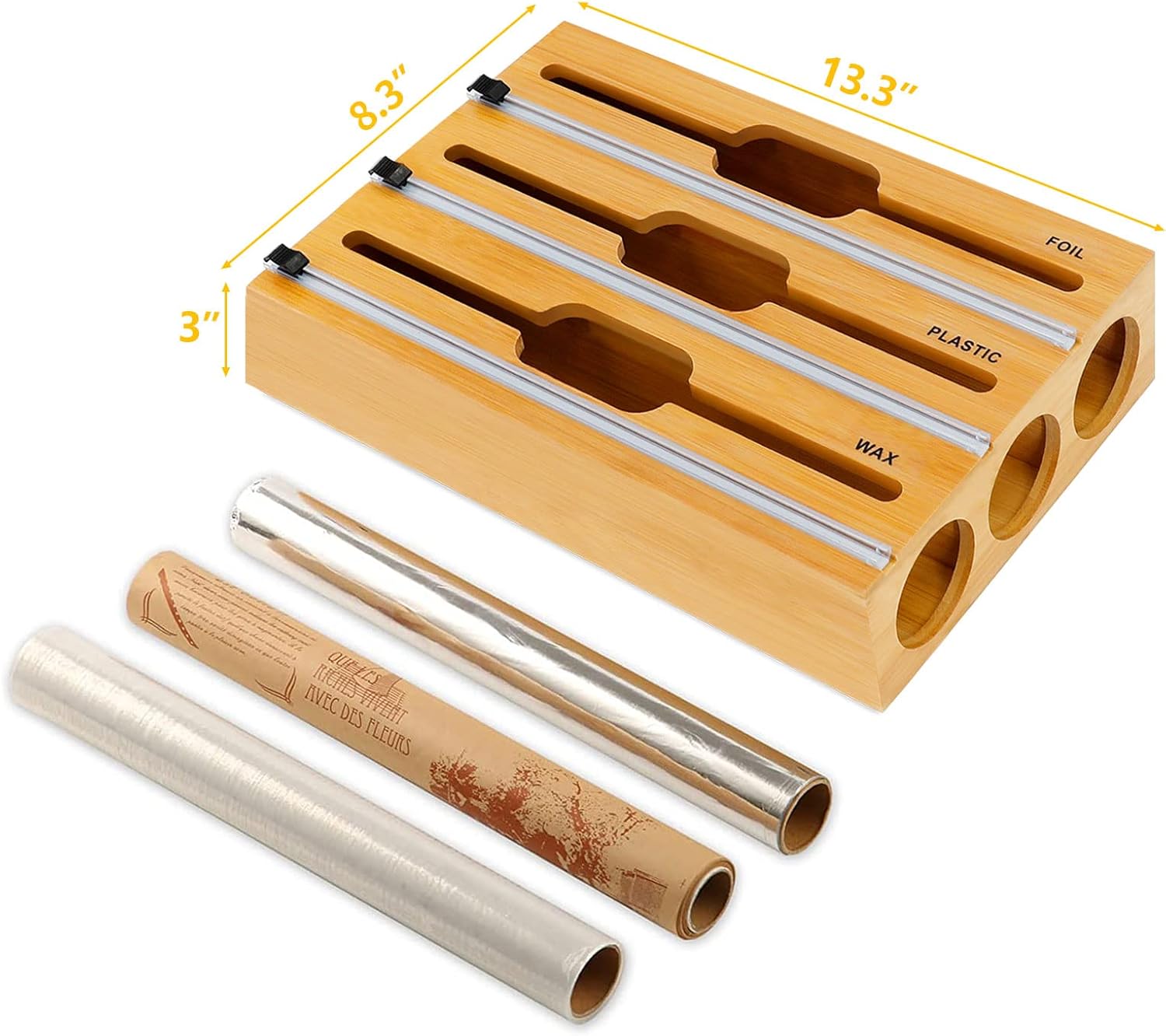 Foil Cling Film Dispenser with Cutter, 3 in 1 Bamboo Wrap Dispenser