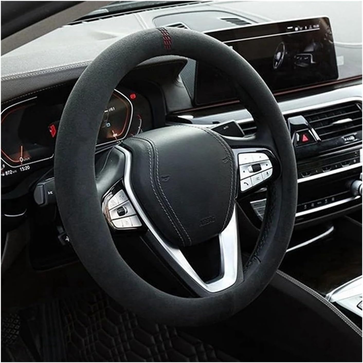 Car Steering Wheel Covers Cowhide Suede Steering Wheel Cover Wrap Universal 37-38cm Breathable Steering Covers Car Accessories(Round red line)