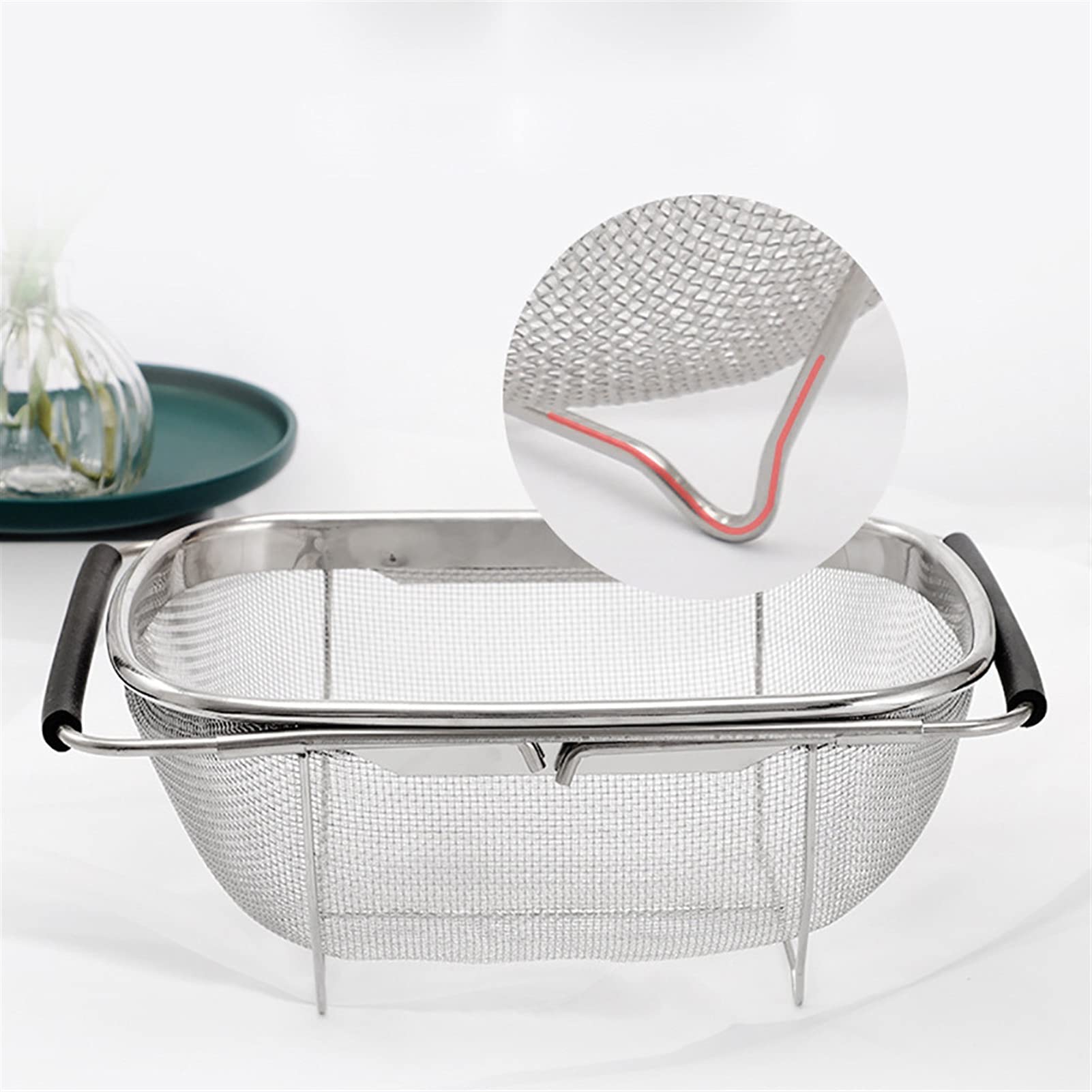 Colador Cesta de drenaje retráctil Casas de goma Manija de agarre de acero inoxidable Oval Colador Fregadero Hortalizaje Drenaje Rack Drenaje Lavado Fregadero Talleador Coladores de Alimentos
