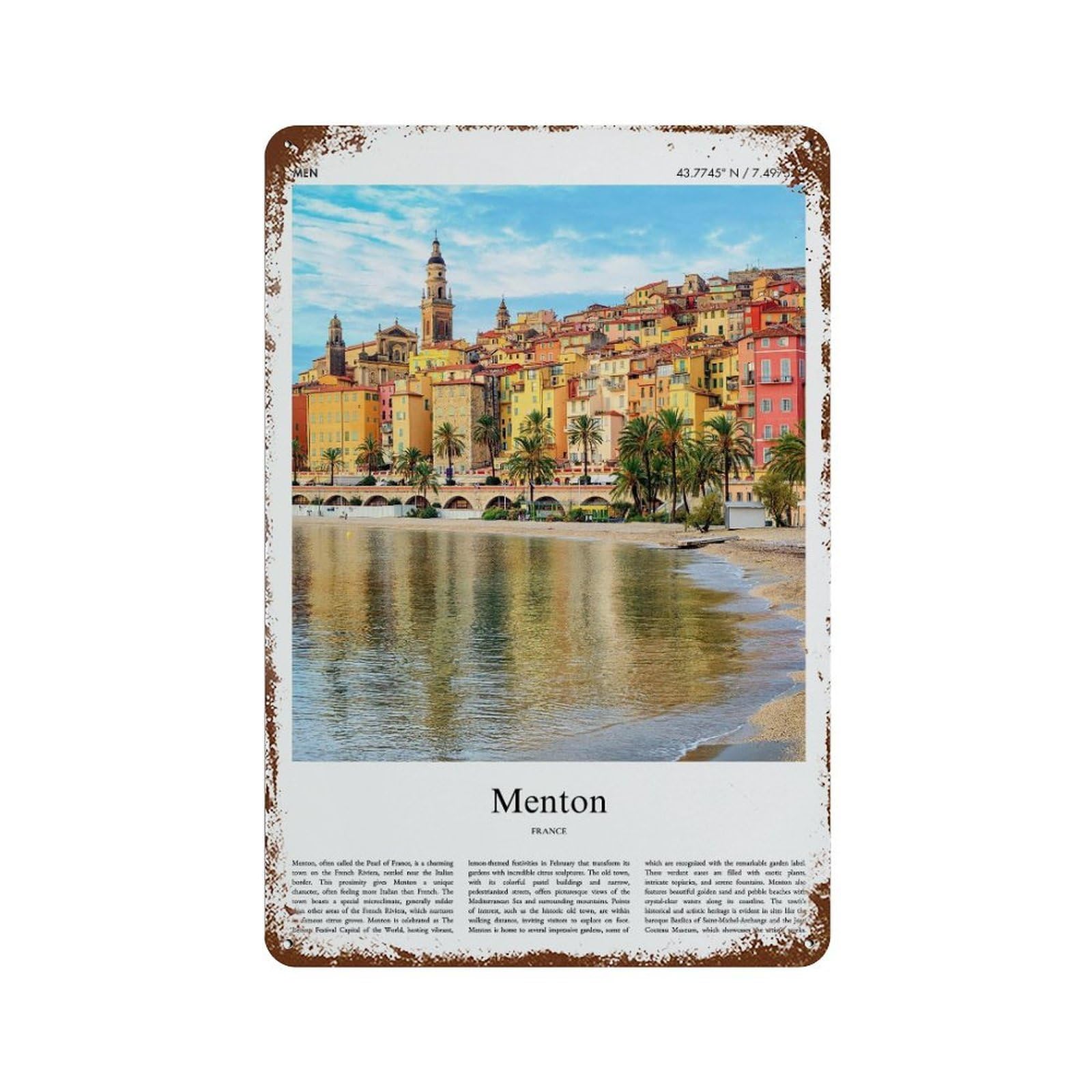 xiaoxiaoshen Menton France City Scenery Wall Decor Art Metal Tin Poster Modern Home Decor Art Home Bar Shop Decorations Vintage Sign 30x20cm