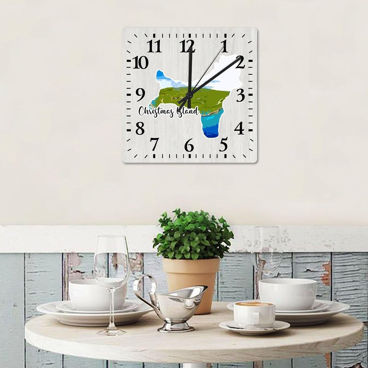 Christmas Lsland Landmarks Square Wall Clock Christmas Lsland Map Clock Large Wall Clocks Battery Operated 15 Inch Non-Ticking Modern Home Decor for Kitchen Living Room Bedroom