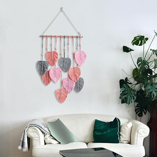 Miniatura 4 de Leefasy Tapiz tejido de macramé para colgar en la pared, decoración bohemia, adorno colgante de fondo con borlas de hojas, decoración de pared para