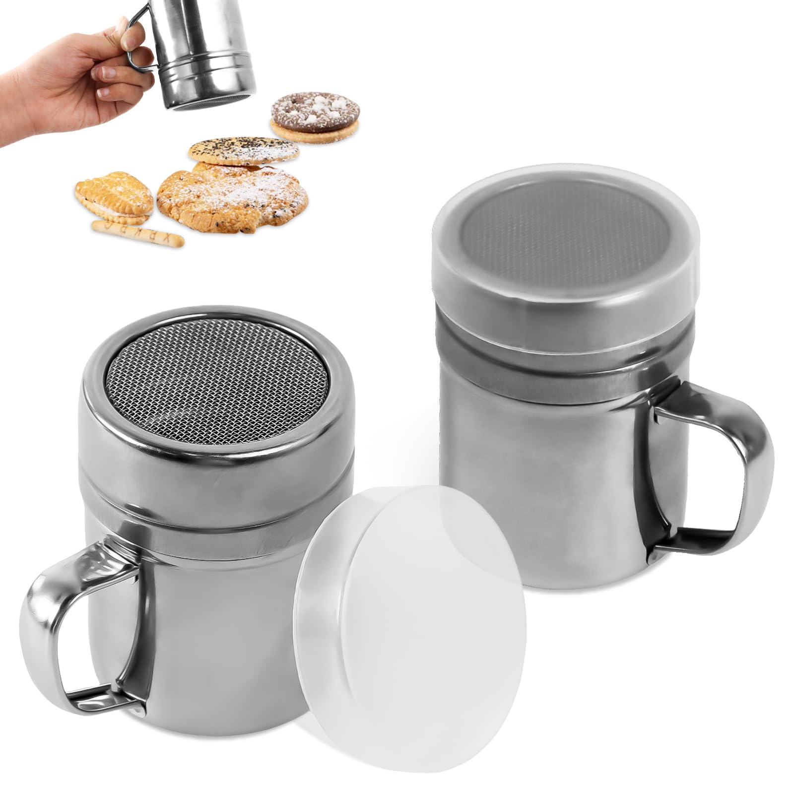 2 Pcs Powdered Sugar Shaker Duster with Handle, Stainless Steel Fine Mesh Shaker Powder Cans with Plastic Lid, Sifter Dredge Shaker for Powder Sugar Cinnamon Cocoa Pepper Coffee Flour Salt (10oz)