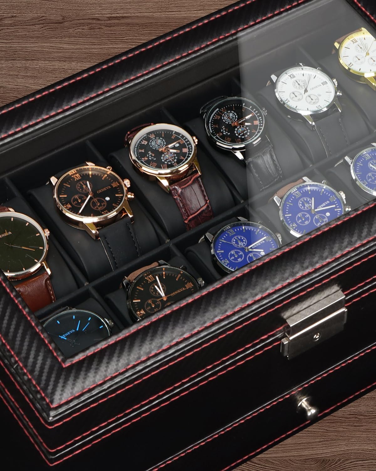 Jenseits 12 Slot Watch Case,2 Layers Watch Box Organizer with Large Glass Lid, Lockable Leather Watch Holder Display Case Storage with Jewelry Organizer Holder Drawer, Ideal Gift for Men Women, Black