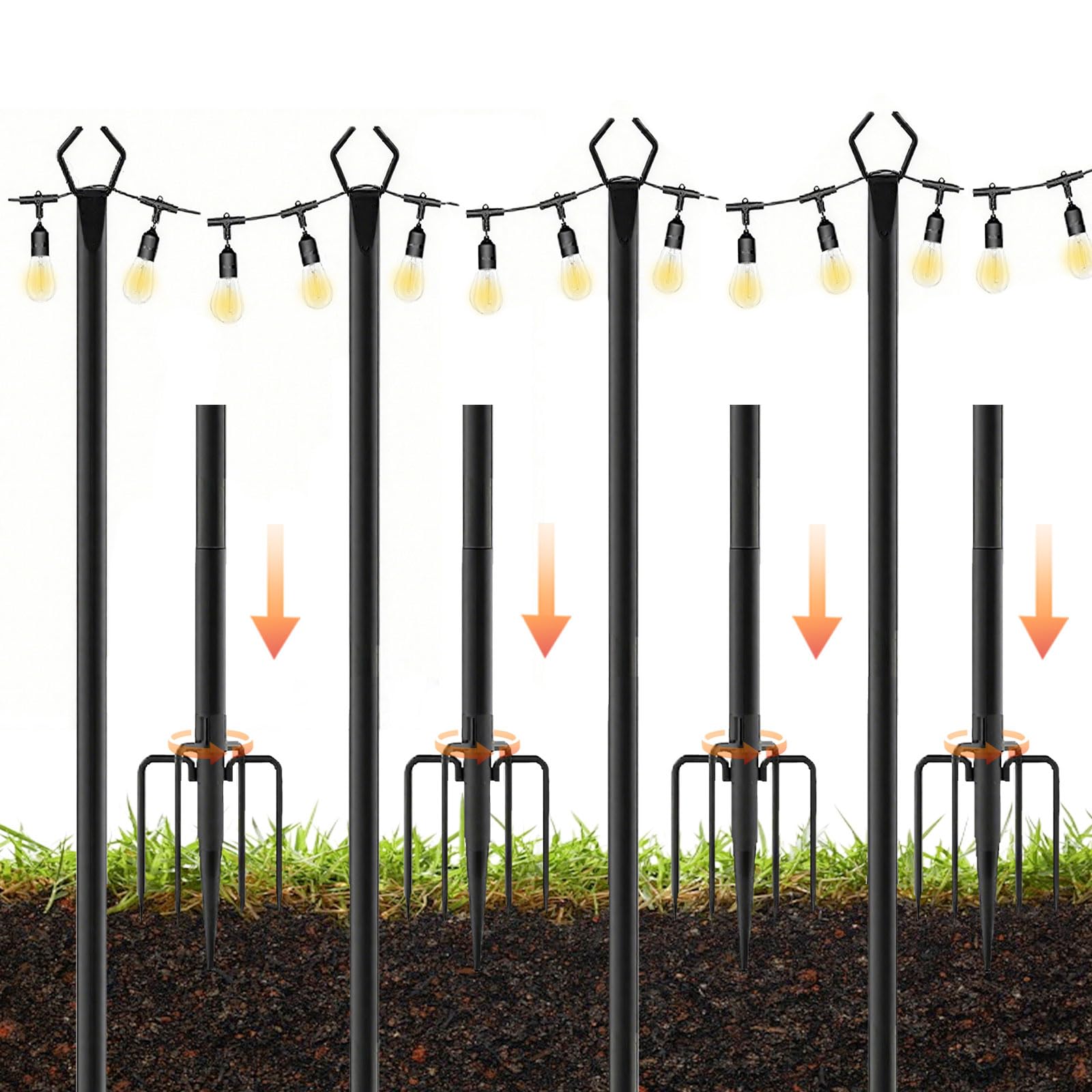 4 postes de luz de cadena, postes de luz de hierro resistente de 10 pies para exteriores con tenedor, poste de altura ajustable para exteriores, jardín, patio, terraza, patio trasero