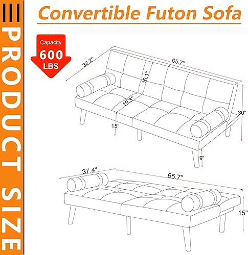 Miniatura 2 de Sofá futón moderno de lino de 66 pulgadas, sofá biplaza convertible para sala de estar, dormitorio, espacio pequeño, oficina en casa, patas de